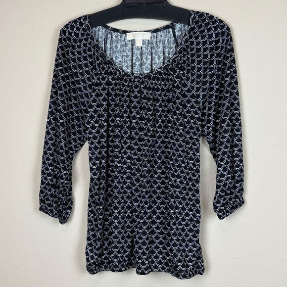 Michael Michael Kors Black with White Scalloped Print 3/4 Sleeves Blouse; Size M - Picture 1 of 10